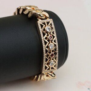 "Rose Gold Cuban Link Bracelet with Geometric and Stone Detailing, XPBL0794